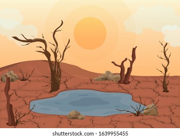 Cartoon Color Dry Land Scene Concept Flat Design Include of Sun, Desert and Tree. Vector illustration