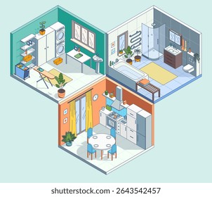 Cartoon Cor Duplex Interior Plano Interior Conceito Lavandaria, Banheiro e Cozinha 3d Isometric View Line Elements. Ilustração vetorial
