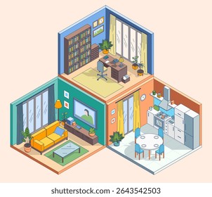 Cartoon Cor Duplex Interior Plano Interior Interior Conceito Escritório, Sala de Estar e Cozinha 3d Isométrica Ver Elementos de Linha. Ilustração vetorial