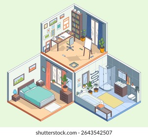 Cartoon Cor Duplex Interior Plano Interior Conceito Art Room, Quarto e Casa de Banho 3d Isometric View Line Elements. Ilustração vetorial