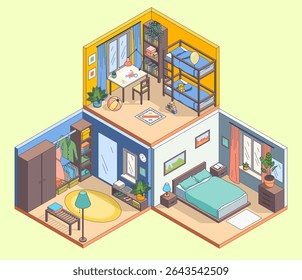 Cartoon Color Duplex Flat Interior Interior Concept Kid Room , Quarto e Armário 3d Isometric View Line Elements. Ilustração vetorial