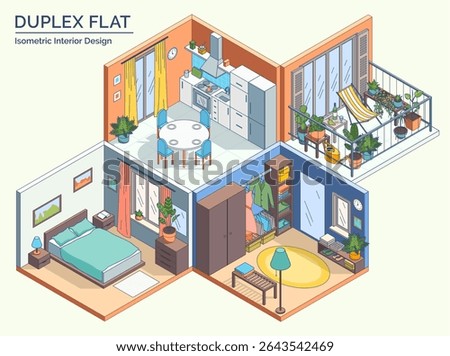 Cartoon Color Duplex Flat Interior Inside Concept Bedroom, Wardrobe, Terrace and Kitchen 3d Isometric View Line Elements. Vector illustration