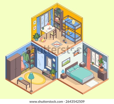 Cartoon Color Duplex Flat Interior Inside Concept Kid Room , Bedroom and Wardrobe 3d Isometric View Line Elements. Vector illustration