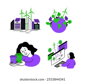 Cartoon Color Eco Friendly Lifestyle Separation and Utilize of Garbage Ecological Concept Scenes Set. Vector illustration