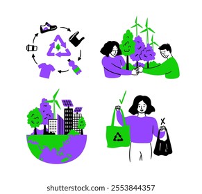 Cartoon Color Eco Friendly Lifestyle Save the Planet Concept Scenes Set. Vector illustration of Girl use Tote Bag Fabric Cloth