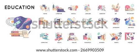 Cartoon Color Education Concept School Subjects Set Flat Design Style. Vector illustration of Biology, Music and Art