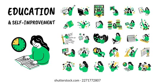 Cartoon Color Educational and Self-Development Concept Set Flat Design Style. Vector illustration of Scenes with Different Education Process