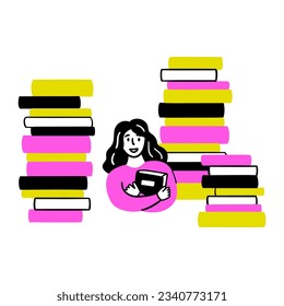 Cartoon Color Educational and Self-Development Concept Scene with Character Girl Among Stacks of Books. Vector illustration