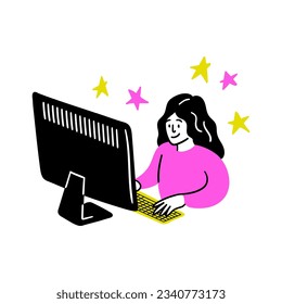 Colores de dibujos animados Escenario educativo y de autodesarrollo con Chica de caracter usando computadora sentada en el escritorio. Ilustración del vector
