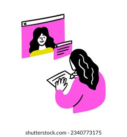 Cartoon Color Educational and Self-Development Concept Scene with Character Girl Takes Notes of Lecture. Vector illustration