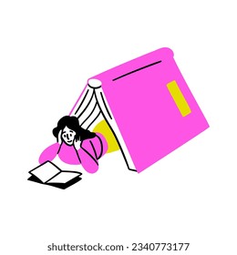 Cartoon Color Educational and Self-Development Concept Scene with Character Girl Reading in Open Huge Book. Vector illustration of Education Process