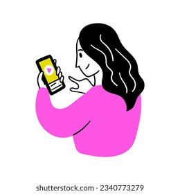 Cartoon Color Educational and Self-Development Concept Scene with Character Girl and Mobile Phone Player Screen. Vector illustration