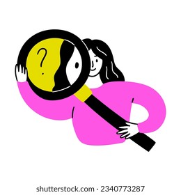 Cartoon Color Educational and Self-Development Concept Scene with Character Girl and Magnifier Symbol of Discovery and Research, Analysis. Vector illustration