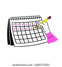 Cartoon Color Educational and Self-Development Concept Scene Human Hand Marks Completed Tasks. Vector illustration of Education Process