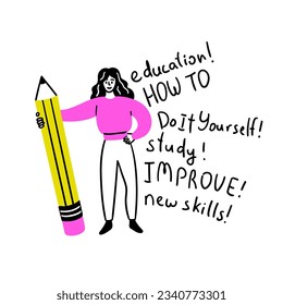 Cartoon Color Educational and Self-Development Concept Scene with Character Girl and Sharp Lead Pencil with Eraser. Vector illustration