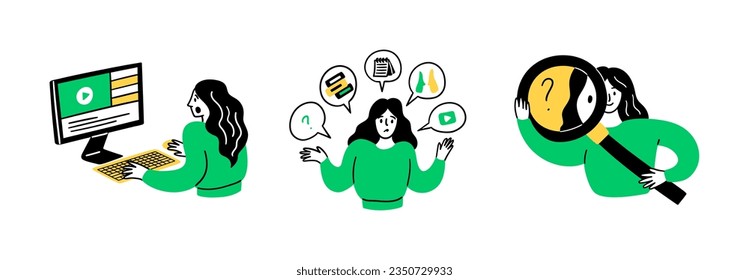 Cartoon Color Educational and Self-Development Concept Scenes Set Flat Design Style Girl and Magnifier . Vector illustration of Situation Education Process