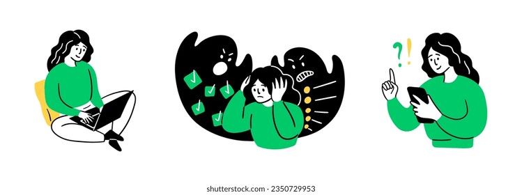 Cartoon Color Educational and Self-Development Concept Scenes Set Flat Design Style Girl Searches for Information. Vector illustration of Situation Education Process