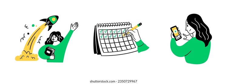 Cartoon Color Educational and Self-Development Concept Scenes Set Flat Design Style Girl and Mobile Phone Player Screen. Vector illustration of Situation Education Process