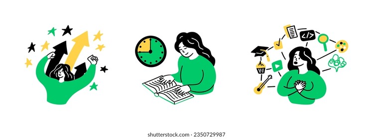 Cartoon Color Educational and Self-Development Concept Scenes Set Flat Design Style Girl Variety of Choice of Profession. Vector illustration of Situation Education Process