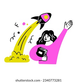 Cartoon Color Educational and Self-Development Startup Project Concept Scene with Character Girl and Space Rocket. Vector illustration