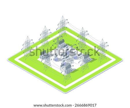 Cartoon Color Electric Substation Object Industrial Energy Building Concept 3d Isometric View Isolated on a White. Vector illustration