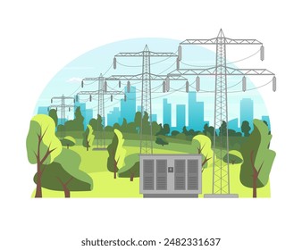 Cartoon Color Electricity Power Transmission Line Towers Landscape Scene Concept Flat Design Style. Vector illustration of Energy Distribution