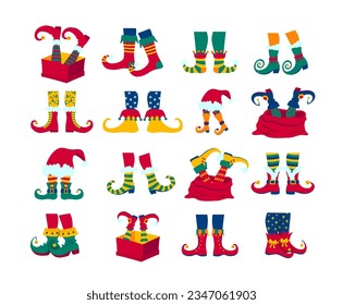 Cartoon Color Elf Legs in Shoes with Crooked Toes Icon Set Concept Flat Design Style. Vector illustration