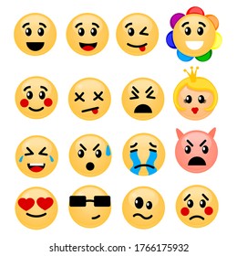 Cartoon Color Emoji Sign Icon Set Include of Joy, Sad, Love and Angry. Vector illustration of Icons