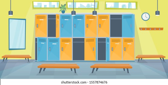 Cartoon Color Empty Changing Room Fitness Inside Interior Training Sport Gym Concept Element Flat Design Style. Vector Illustration