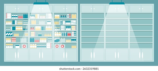 Cartoon Color Empty and Full Pharmacy Shelving with Drug Products Set Concept Flat Design Style. Vector illustration