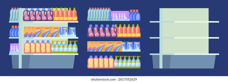 Cartoon Color Empty and Full Supermarket Shelving with Cleaning Products Set Concept Flat Design Style. Vector illustration