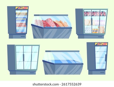 Cartoon Color Empty and Full Supermarket Refrigerator with Products Set Concept Flat Design Style. Vector illustration