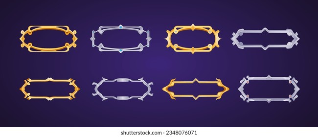 Cartoon Color Empty Rectangle Frames in Medieval Style for Game Ui Set Concept Flat Design. Vector illustration of Golden and Metal Border