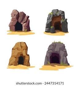 Cartoon Color Empty Stone Caves Entrance Set Concept Flat Design Style. Vector illustration of Abandoned Grot or Mine