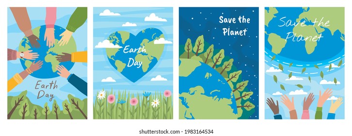 Cartoon Color Environmental Problem Earth Day and Save the Planet Concept Banner Poster Card Set Flat Design Style. Vector illustration