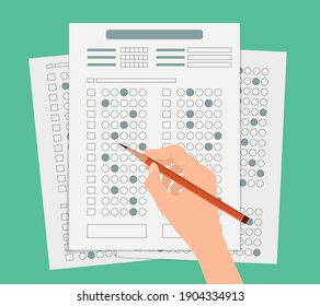 Cartoon Color Exams Quiz Test Concept Flat Design Style Human Hands Holding Pen and Paper. Vector illustration