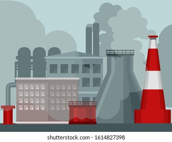 Cartoon Color Factories, Plants and Warehouse Scene Pollution Environment Concept Flat Design. Vector illustration of Architecture Building