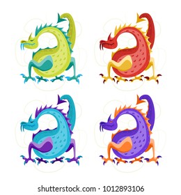 Cartoon Color Fantasy Animal Dragon Set Cute Magic Air or Water Mythology Monster Flat Style Design. Vector illustration