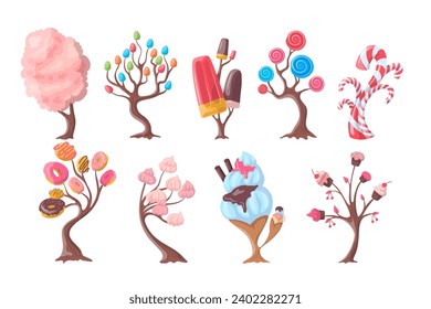 Cartoon Color Fantasy Candy Trees Set Dessert Concept Flat Design Style. Vector illustration of Sweet Tree