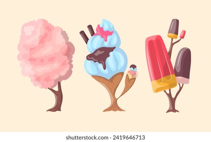 Cartoon Color Fantasy Candy Trees Set with Ice Cream and Cotton Candy Dessert Concept Flat Design Style. Vector illustration