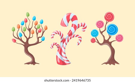 Cartoon Color Fantasy Candy Trees Set with Spiral Lollipops and Sugar Candies Dessert Concept Flat Design Style. Vector illustration