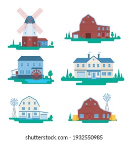 Cartoon Color Farm Buildings Icons Set Concept Flat Design Style. Vector illustration of Barn Rural Building Icon