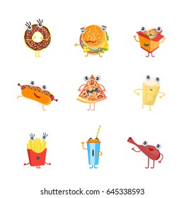 Cartoon Color Fast Food Characters Icons Set Comic Expression Emotion Cute Snack for Menu. Vector illustration