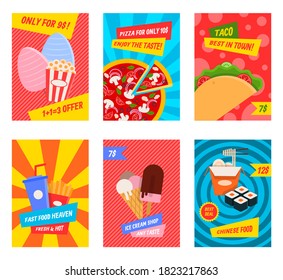 Cartoon Color Fast Food Concept Placard Template Banner Set. Vector illustration of Banners Flat Design Style