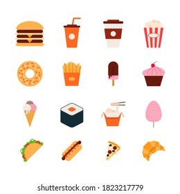Cartoon Color Fast Food Icons Set Flat Design Style Include of Burger, Drink and Donut. Vector illustration of Icon