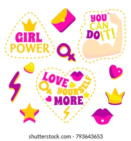 Cartoon Color Feminism Slogan Quote and Patches Set Fashion Typography Concept Flat Design Style. Vector illustration of Stickers