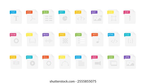 Cartoon Color File Type Different Format and Extension of Documents Icons Set Include of Pdf, Doc, Jpg and Psd. Vector illustration