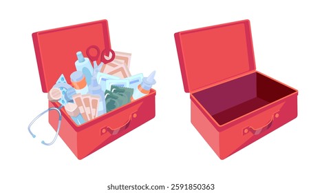 Cartoon Color First Aid Box Set Full and Empty View Emergency Pack Concept Flat Design Style. Vector illustration