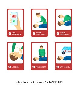 Cartoon Color First Aid Icon Set Include of Check breathing and Cpr. Vector illustration of Icons