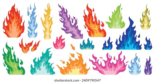 Llamas de color de caricatura. Incendios planos multicolores brillantes. Diferentes tamaños, formas y direcciones. Encendidos fríos y calientes. Peligro de combustión inflamante. Inferno elementos coloridos